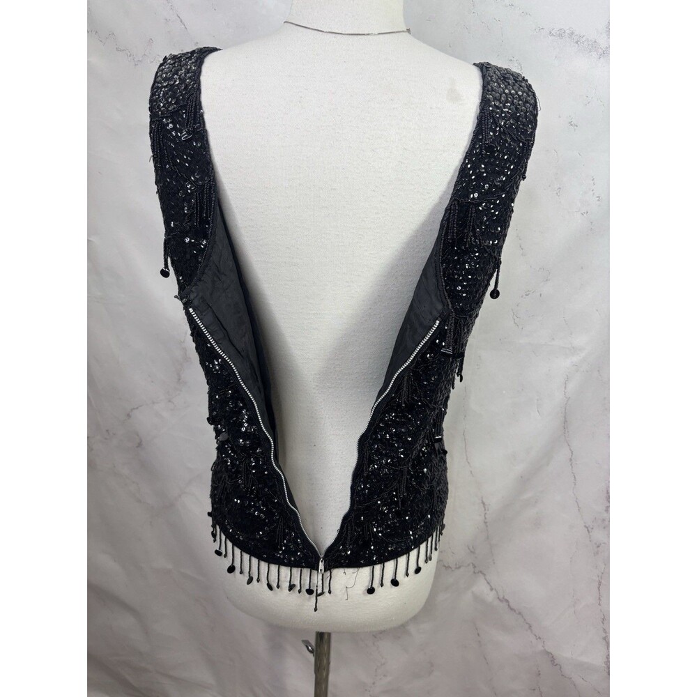Vintage 60s Flapper Black Shiny Beaded Blouse Top Fringe Sequins Silk M Glam - Picture 9 of 16